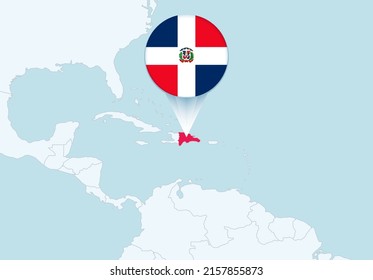 America with selected Dominican Republic map and Dominican Republic flag icon. Vector map and flag.