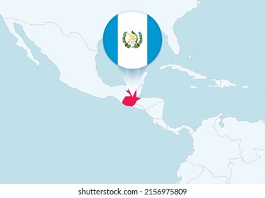 America with selected Guatemala map and Guatemala flag icon. Vector map and flag.