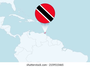 America with selected Trinidad and Tobago map and Trinidad and Tobago flag icon. Vector map and flag.