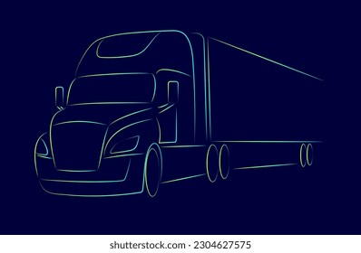 America semi trailer truck, dynamic abstract silhouette on dark blue background. A hand drawn line art of a trailer truck car