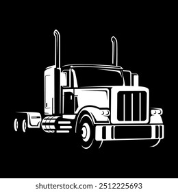 America semi truck, American trailer haul fire hot burn black white vector illustration