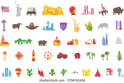America set of icons. USA tourist attraction. United States of America. Showplace flat vector.