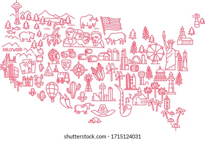 America set of icons. USA tourist attraction. United States of America. Showplace on the map. Red flat line vector.