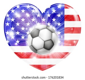 America soccer football ball flag love heart concept with the American flag in a heart shape and a soccer ball flying out 