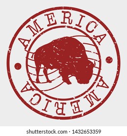America Stamp. Bison Silhouette Seal. Round Design. Vector Icon. Design Retro Insignia.