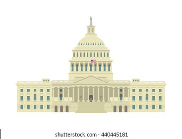 America symbol - United States Capitol building with US flag flat vector illustration. East facade. Isolated on white background. Washington DC