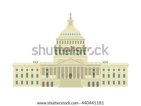 America symbol - United States Capitol building with US flag flat vector illustration. East facade. Isolated on white background. Washington DC