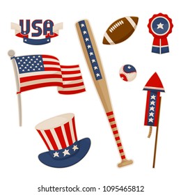 America symbols collection vector baseball bat national american flag and uncle Sam hat, label stickers, football game balls, patriotic accessories