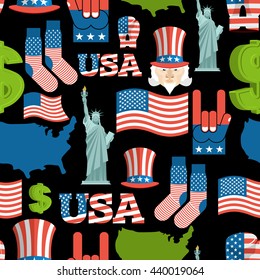 America symbols patriotic pattern. USA national ornament. State traditional background. Map of country and United States flag. Statue of Liberty and Uncle Sam. Dollar and  star.
