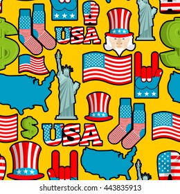 America symbols patriotic pattern. USA national ornament. State traditional background. Map of country and United States flag. Statue of Liberty and Uncle Sam. Dollar and  star.
