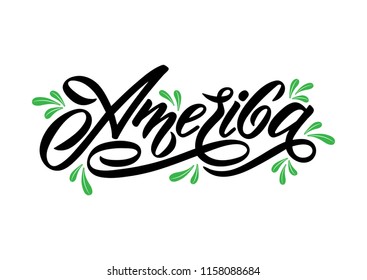 America text Calligraphy with green leaves. Ecology green concept. Lettering vector logo design. Typography Excellent design for printing on T-shirts, posters, banners, patriotic printing,  souvenirs