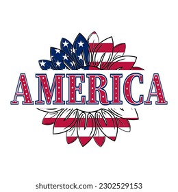 America text in color of USA flag in sunflower. Symbol 4th of July. Happy Independence Day. Vector illustration