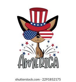 America - text with dog in USA patriotic hat, and sunglasses. American national holiday decoration. Happy Independence Day!