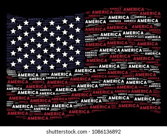 America text items are arranged into waving USA flag abstraction on a dark background. Vector concept of America state flag is combined of America text elements.