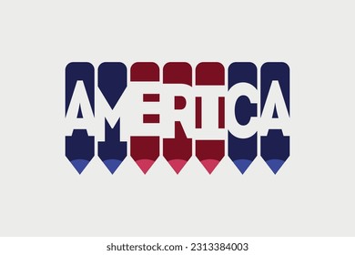 America text with Pencil symbol creative ideas design. America flag color concept vector illustration. America typography negative space word vector illustration. America continent name vector design.