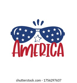 America text with sunglasses - Happy Independence Day, lettering design illustration. Good for advertising, poster, announcement, invitation, party, T shirt print , poster, banner.