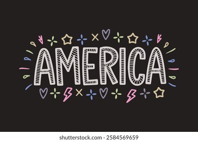 America Text Typography in Cute Font Surrounded by Small Doodles and Objects, Ideal for Backgrounds and Wallpapers with a Playful, Patriotic, and Fun Vibe