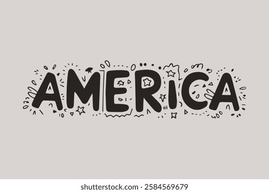 America Text Typography in Cute Font Surrounded by Small Doodles and Objects, Ideal for Backgrounds and Wallpapers with a Playful, Patriotic, and Fun Vibe