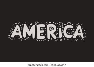 America Text Typography in Cute Font Surrounded by Small Doodles and Objects, Ideal for Backgrounds and Wallpapers with a Playful, Patriotic, and Fun Vibe