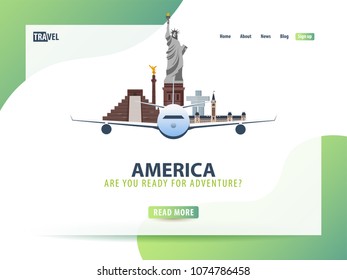 America. Travel banner or web template for web site or landing page. Time to travel. Vector UI illustration