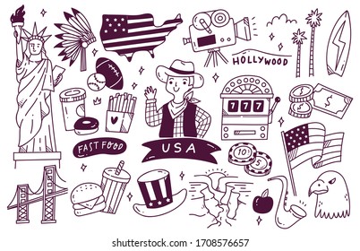 America Travel Destination Doodle Set Vector Illustration