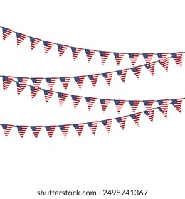 America triangle flag garland on white background. Design element for Presidents Day, Independence Day July 4 or Elections posters. Vector illustration.