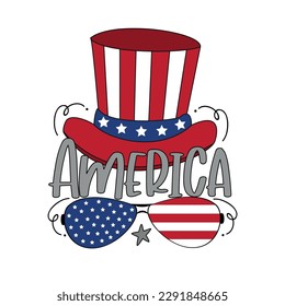 America - typography with uncle sam hat and sunglasses. American national holidays decoration.  Happy Indepencence Day!