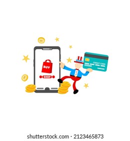 america uncle sam and store online shop credit card payment cartoon flat design illustration