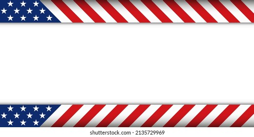 America USA red blue striped line background banner template with shadow and blank empty white space.