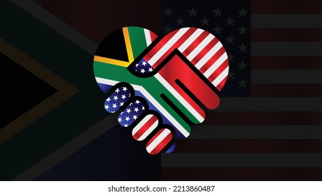 Estados Unidos (EE.UU.) y Sudáfrica enarbolan banderas en el apretón de manos en las relaciones. Dos Banderas Juntos. Uso adecuado para el evento Sudáfrica y América