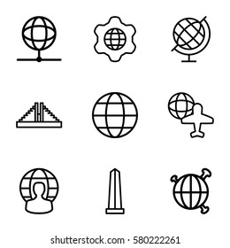 america vector icons. Set of 9 america outline icons such as Chichen Itza, monument, globe and plane