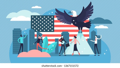 America vector illustration. Flat tiny unites states country persons concept. Symbolic eagle, flag, city and culture collection. Modern vacations and business west location. National freedom elements.