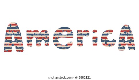 America. Vector Independence Day hand drawn lettering with stars and stripes pattern, isolated over white background.