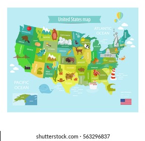 america vector map with states. US Pets, Statue of Liberty, White House, cowboys, Lighthouse, Washington, New York, Minnesota, Nevada, Texas, Mexico. The poster, education, school.