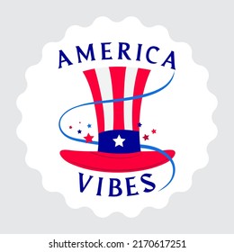 America Vibes, party in the USA. The national day of the USA 4th of July. Invitation with Stripes, Stars, Glasses, and hat in blue and red on grey background banner. Unique Illustration Vector format