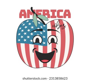 America Vibes, Smily Apple Cute Cartoon Face, red white and blue, american flag, USA Independence Day, Print on T-Shirt, Mug, sticker and so many apparel clothing Items. 