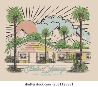 America vintage resort artwork. Palm springs watercolor graphic print design for t shirt print, poster, sticker, background and other uses. Palm tree with swimming pool colorful retro print artwork.