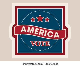 America vote vector graphic element in a square frame with a banner and stars. 