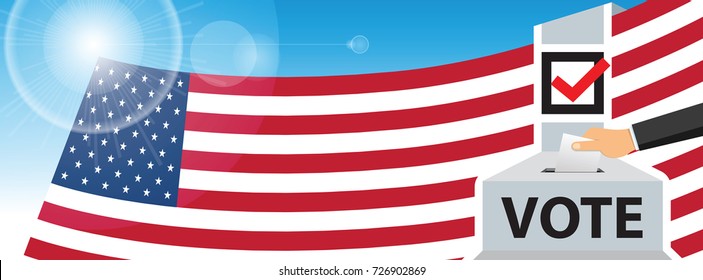 America voting. hand putting paper in the ballot box.  USA flag on sky background. vector illustration.