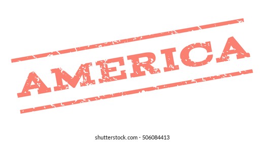 America watermark stamp. Text Caption between parallel lines with grunge design style. Rubber seal stamp with unclean texture. Vector salmon color ink imprint on a white background.