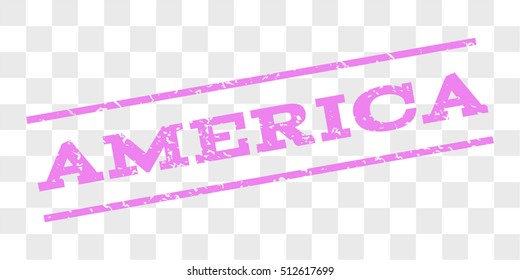 America watermark stamp. Text caption between parallel lines with grunge design style. Rubber seal stamp with dust texture. Vector violet color ink imprint on a chess transparent background.
