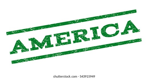 America watermark stamp. Text caption between parallel lines with grunge design style. Rubber seal stamp with dust texture. Vector green color ink imprint on a white background.