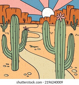 América naturaleza occidental silvestre polvoriento paisaje desierto con pradera de arizona, cactús y rocas de cañón. Fondo de la ilustración dibujada a mano del vector de contorno