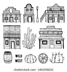 America Wild West town elements set. Houses, cactuses and objects. Hand drawn outline sketch doodle vector illustration black on white background