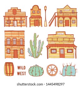 America Wild West town elements set. Houses, cactuses and objects. Color hand drawn outline sketch doodle vector illustration on white background