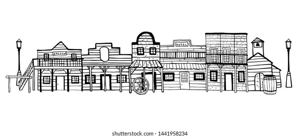 America Wild West town landscape. Hand drawn outline sketch doodle vector illustration black on white background