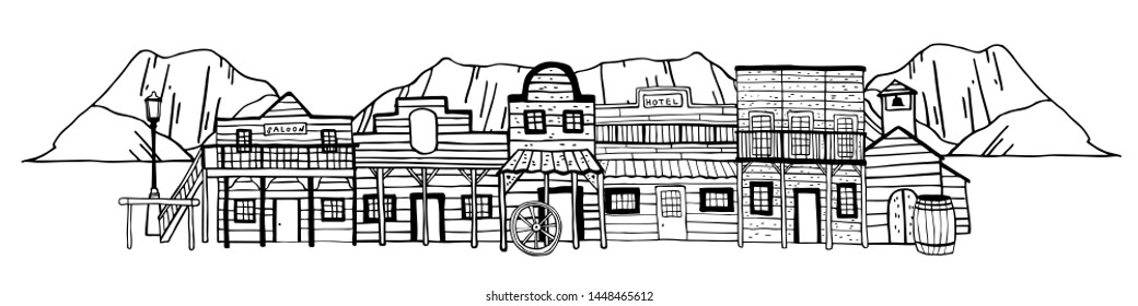 America Wild West town landscape with mountains on background. Hand drawn outline sketch doodle vector illustration black on white background