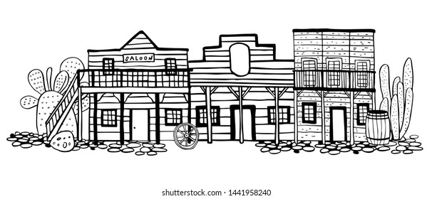 America Wild West town street view. Hand drawn outline sketch doodle vector illustration black on white background