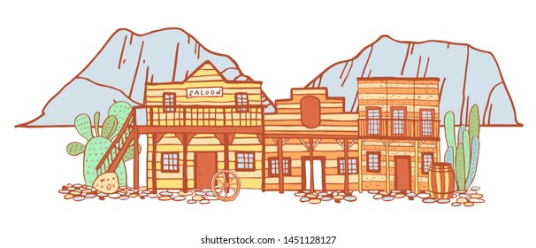 America Wild West town street view with mountains on background. Hand drawn outline color sketch doodle vector illustration on white background