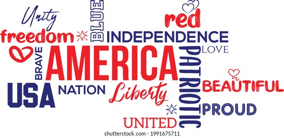 America word cloud, a mixture of USA patriotic words word cloud in red and blue colour for american independence day